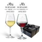 Mr and Mrs wedding themed personalised wine glasses box set.
