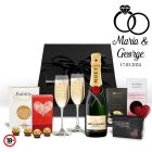Personalised wedding rings design Champagne gift boxes with Moet and artisan chocolates.