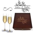 Luxury crystal Champagne flutes gift boxes for weddings, anniversaries and engagement gifts.