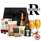 Personalised beer and gourmet treat gift boxes with two engraved craft beer glasses.