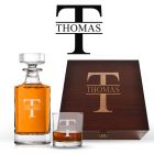 Wood box decanter gift sets with personalised initial and name through design.