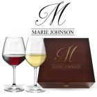 Personalised wine glasses and wood box gift set with initial and name engraved.
