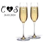 Crystal Champagne glasses with initials and love heart design engraved.