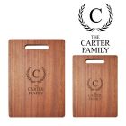Engraved wood chopping board with family name and garland design