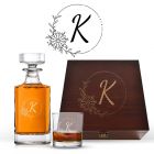 Wood box crystal decanter gift sets with floral design and a single initial.