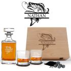 Personalised fishing themed crystal decanter box sets with decanter and tumbler glasses.