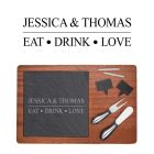 Personalised cheese boards for couples with eat drink love engraved design.
