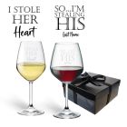 Wine glass give sets for couples with fun I stole her heart so I'm stealing his last name design.