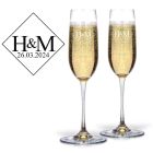 Personalised Champagne glasses with contemporary diamond design with initials and date engraved.