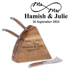 Acacia wood cheese knife gift set engraved with Mr and Mrs eternity symbol and couples names and date