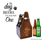 Wood beer caddy with funny engraved design.