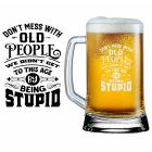 Funny birthday gift beer glass with don't mess with old people design