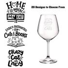 Crystal wine glasses with funny cat themed designs.