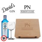 Personalised wood box gin gift set with initials and name.