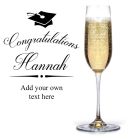 Graduation themed personalised Champagne flutes with graduation cap design.