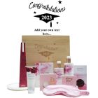 Personalised graduation gift boxes filled with relaxation and pampering gifts from Linden Leaves, Honest Chocolate and Living Light.