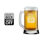 Gift beer glass with personalised hand's off design