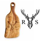 Solid wood food serving paddle boards engraved stag head design and initials