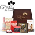 Personalised happy birthday gift box with balloons design and filled with gourmet treats, chocolates and sparkling wine.