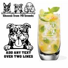 Highball cocktail glasses with dog design and text.