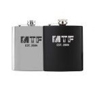 Rugby design personalised hip flasks with rugby initials and year established.