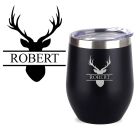 Stainless steel thermal hunting cups with personalised stag design.