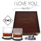 Personalised whiskey glasses box sets with I love you more design and personalised tumbler glasses.