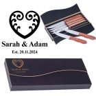 Personalised steak knife gift sets with Koru and fern love heart design with a couple's names and special date engraved