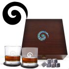 Whiskey glasses wood box gift set engraved with a New Zealand Paua shell Koru symbol