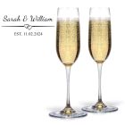 Personalised Champagne glasses gift set with entwined love hearts design, names and date.