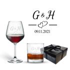 Wine glass and tumbler gift set with entwined love hearts.