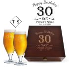 Luxury beer glasses wood box gift set with personalised happy birthday design.