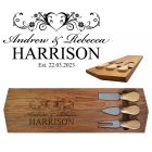 Rimu wood cheese board with three cheese knifes and personalised engraved design for couples.