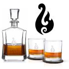 Crystal decanter gift sets with a Maori fishing hook design laser engraved.