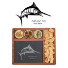 Mahogany and slate cheese board gift set with a Marlin fish themed design.
