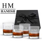 Personalised whiskey glasses gift set with name and initials engraved.