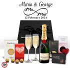 Mr & Mrs eternity symbol Moet Champagne gift boxes with personalised flutes.