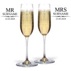 Luxury Mr & Mrs personalised crystal Champagne glasses gift set with surname and date engraved.
