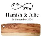 Engraved wood platter board with personalised Mr & Mrs eternity symbol design for wedding and anniversary gifts