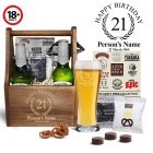 Personalised birthday themed beer caddy gift set.