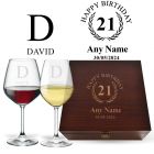 Luxury 21st birthday gift wine glasses box sets with personalised garland design.