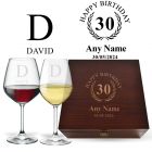 Luxury 30th birthday gift wine glasses box sets with personalised garland design.