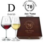 Luxury 70th birthday gift wine glasses box sets with personalised garland design.