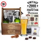 Vintage aged to perfection birthday gift beer caddy set.