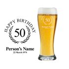 Personalised birthday gift beer glasses with happy birthday rosette design.
