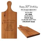 Rimu wood platter boards engraved with a personalised birthday timeline design with days, seconds, months and years.