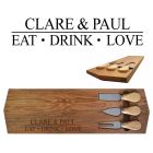 Personalised Rimu wood cheese board gift sets engraved with eat drink love design