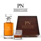 Personalised wood box decanter gift set with initials and name engraved.