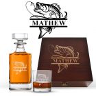 Crystal decanter box sets with tumbler glass and engraved personalised fish design.