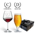 Beer and wine box sets with personalised initial and name design.
